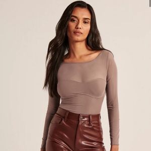 NWT Abercrombie & Fitch Long-Sleeve Mesh Sweetheart Bodysuit in Light-Brown